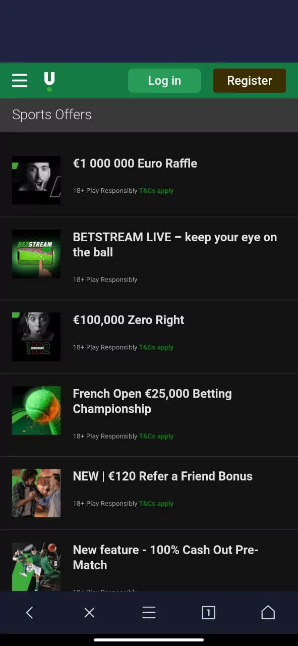 Screen with popular games in the mobile application of the online bookmaker Unibet