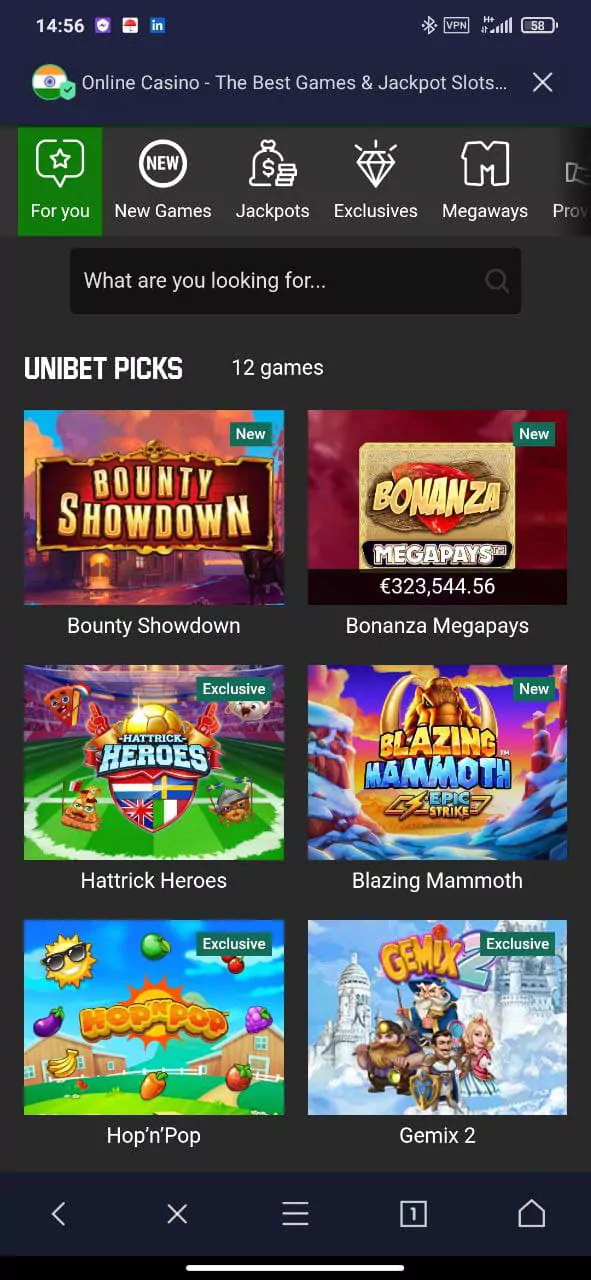 Screen with the most popular casino games in the mobile application of the online bookmaker Unibet