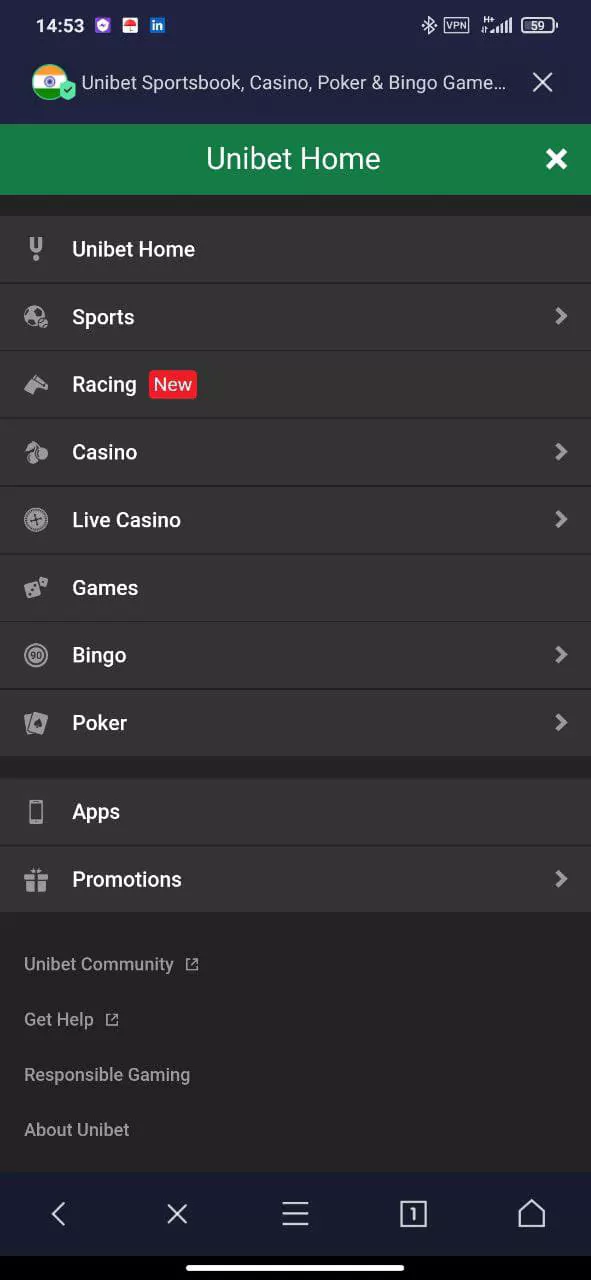 Screen with mobile application of the online bookmaker Unibet