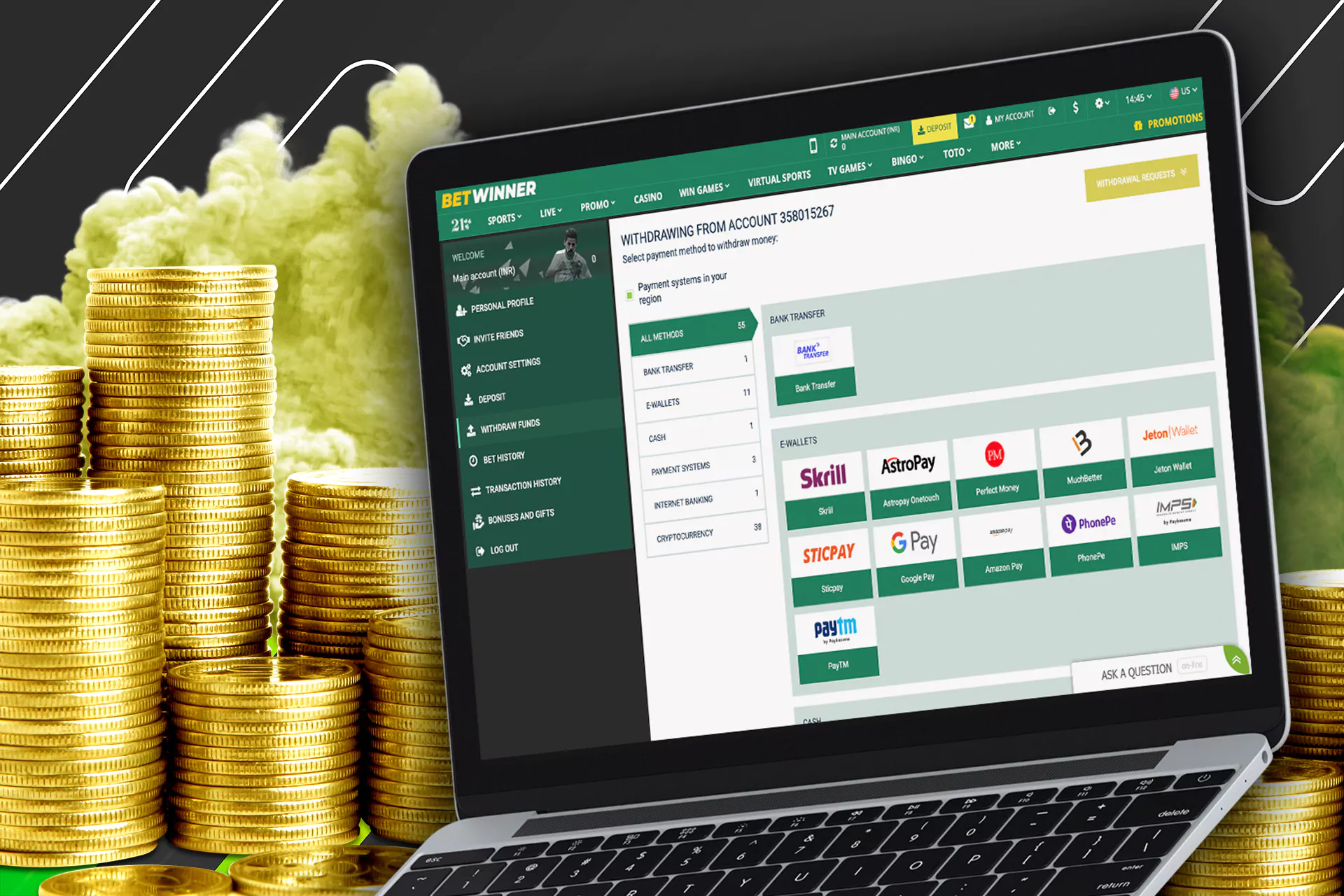 You can withdraw money from Betwinner the same way you've deposited it.
