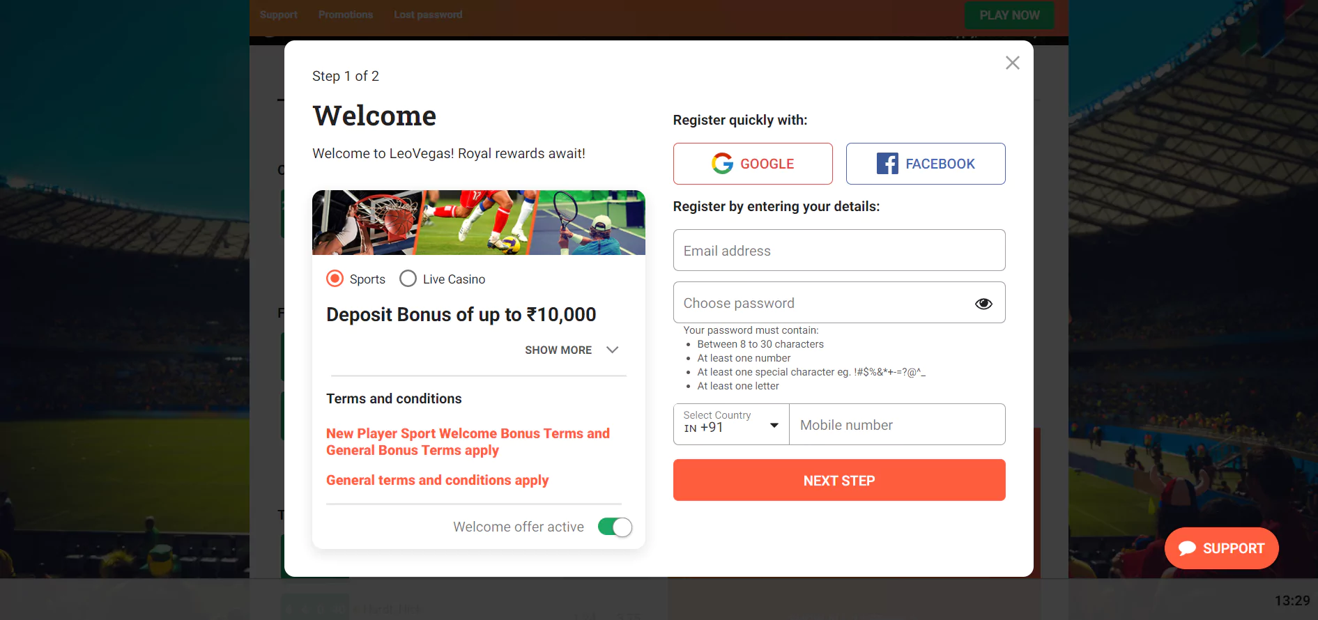 Leovegas Online Casino Welcome Bonuses and Sports Betting Page
