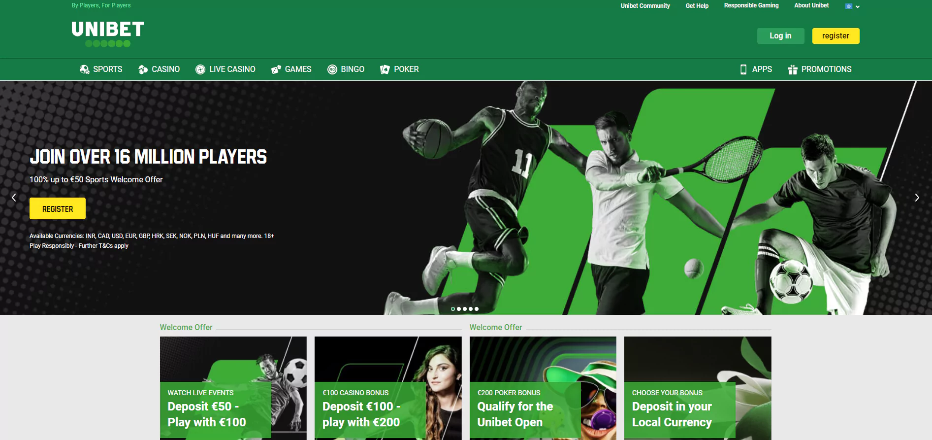 Main menu of the Unibet bookmaker page