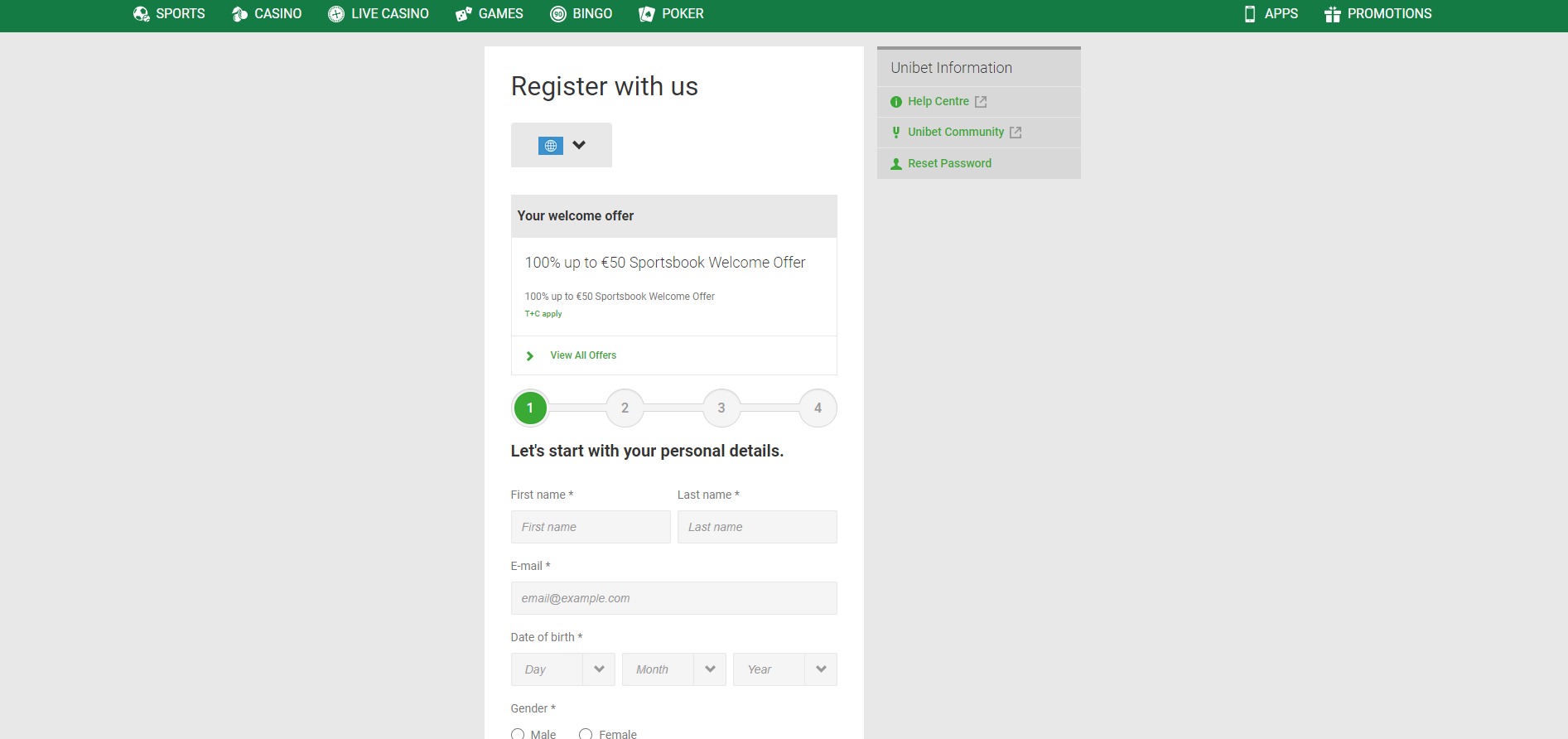 Registration menu and start of bets in Unibet