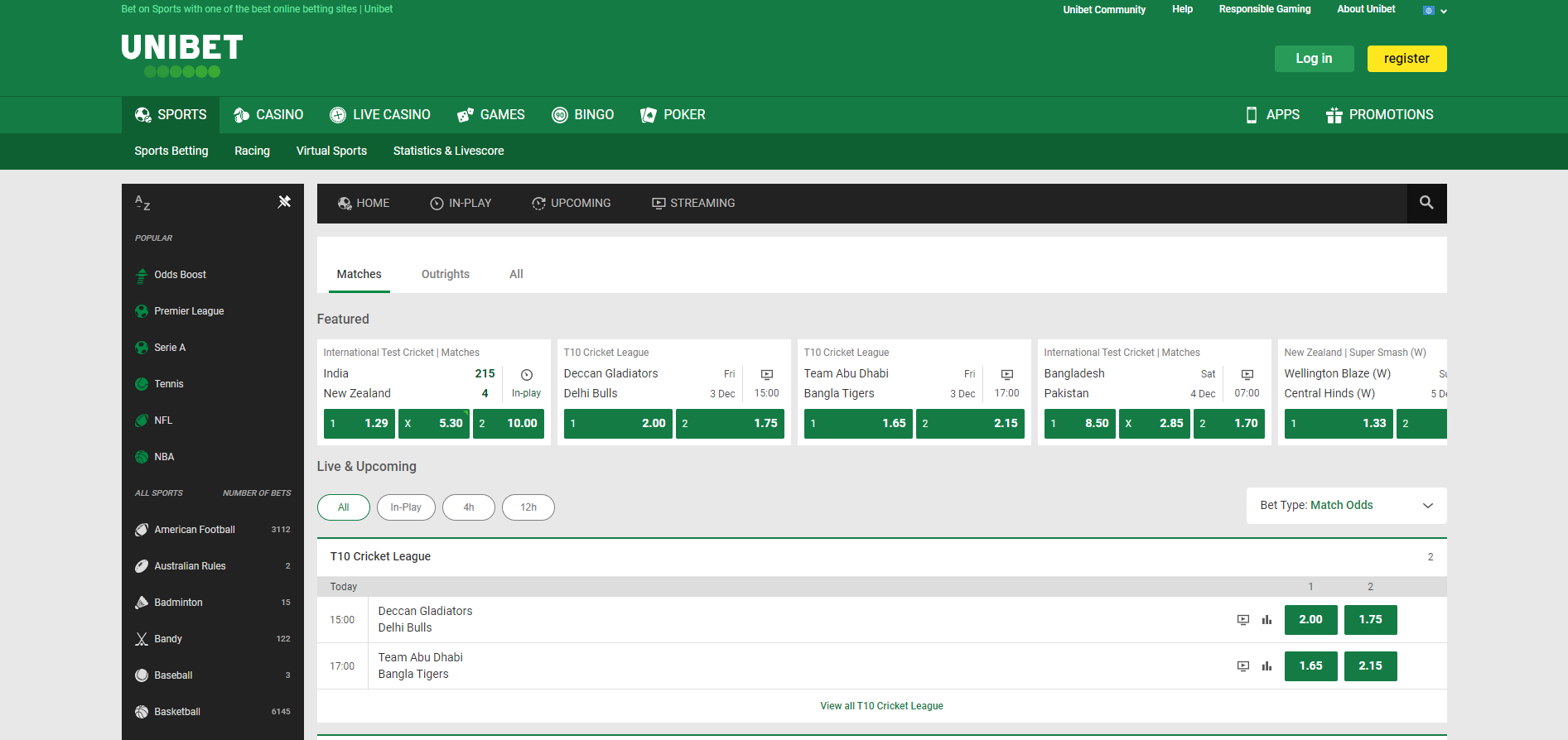 Unibet betting menu main page