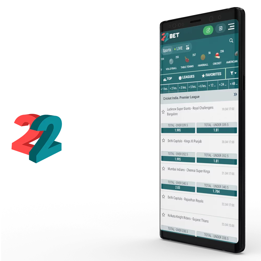 Download 22bet app for start betting on cricket.