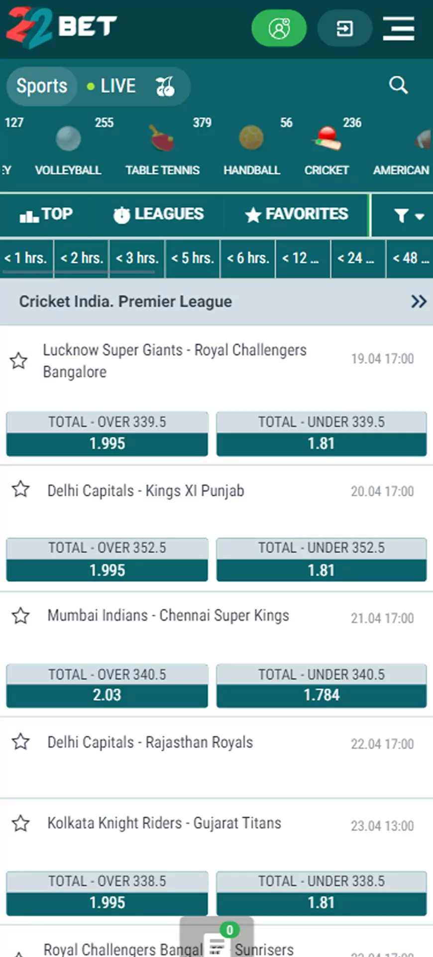 Bet on cricket at 22bet.
