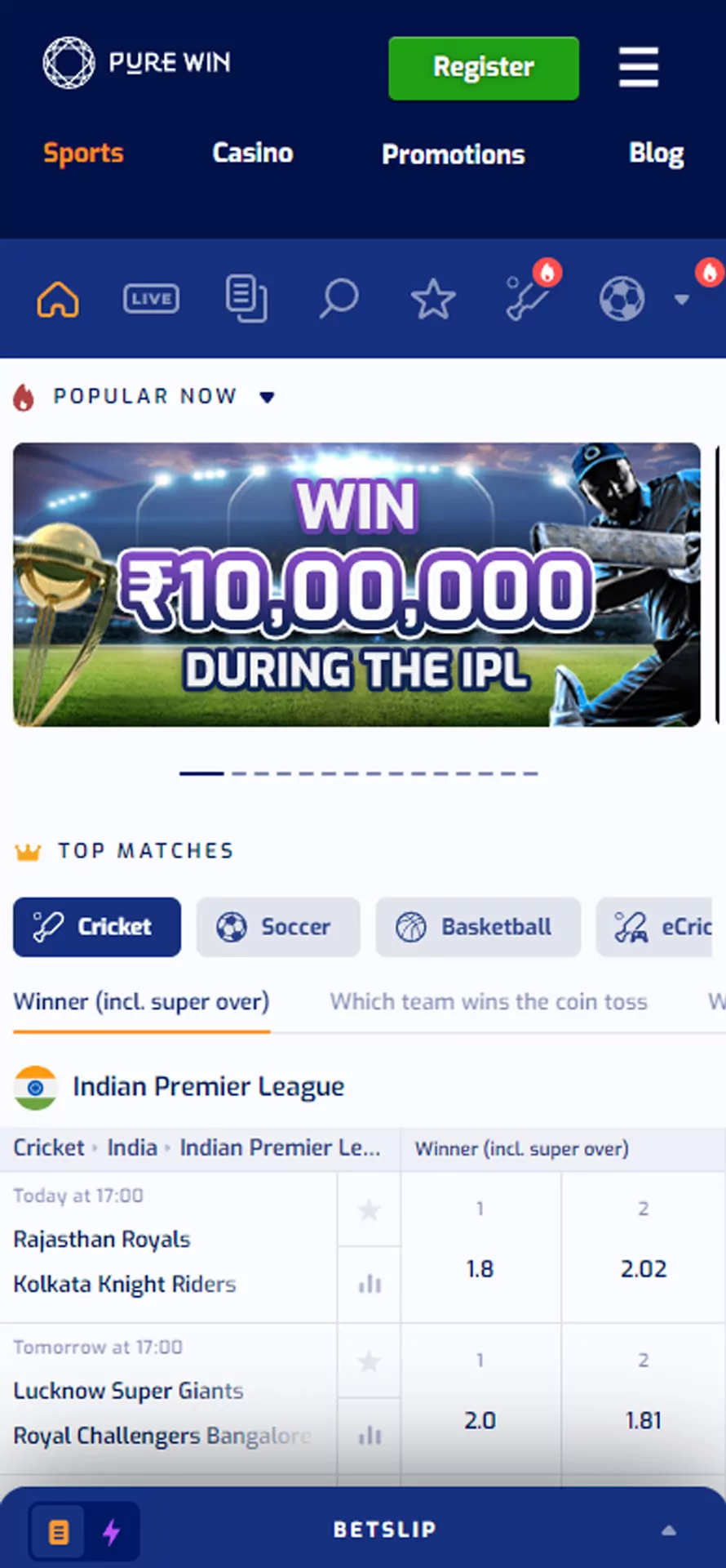 Bet on IPL matches at Pure Win App.
