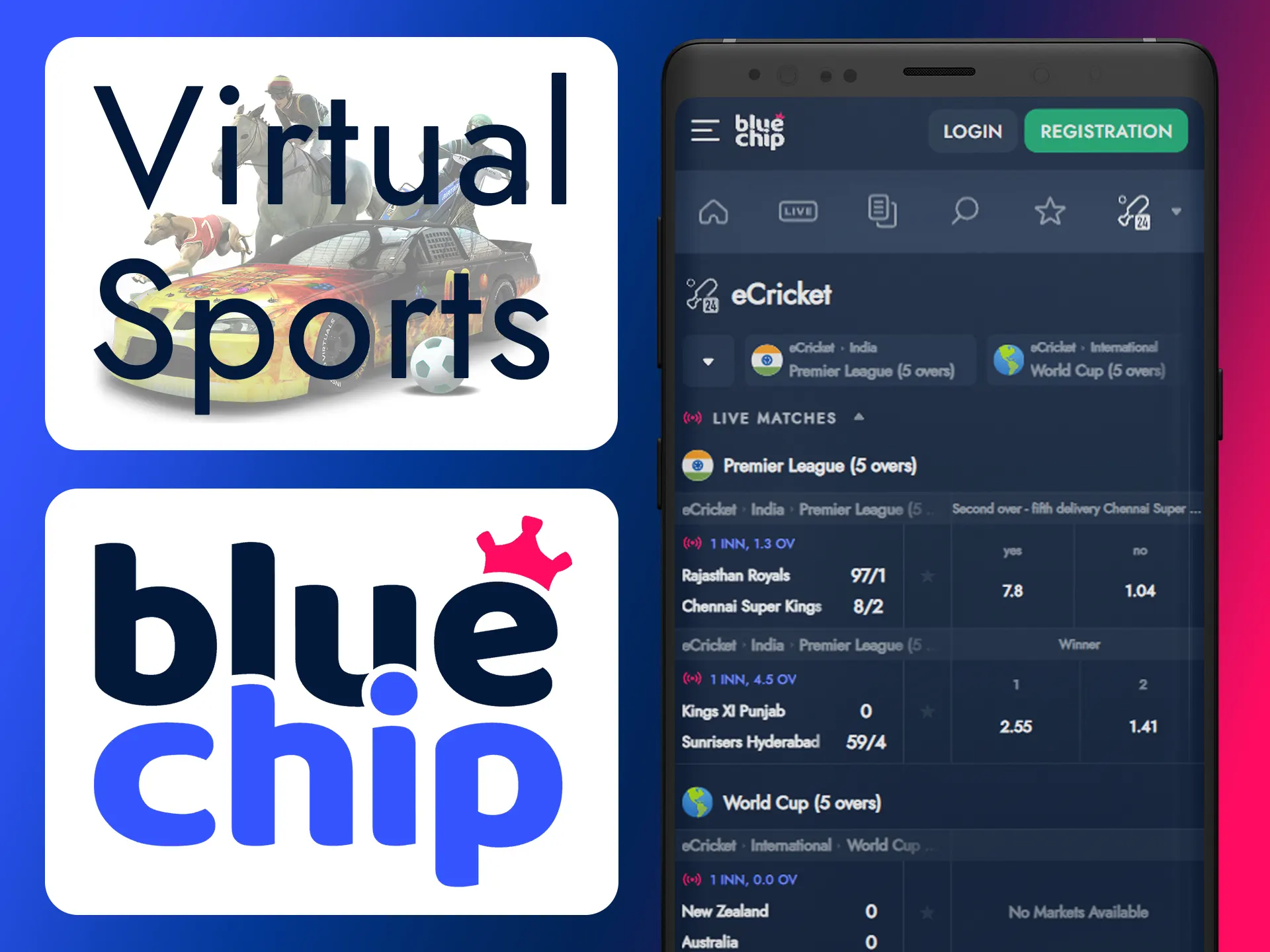 Bet on new virtual sports in Bluechip app.