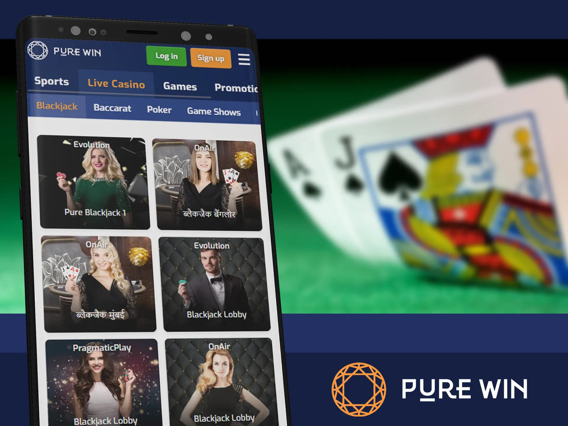 Play blackjack games using Pure Win app.