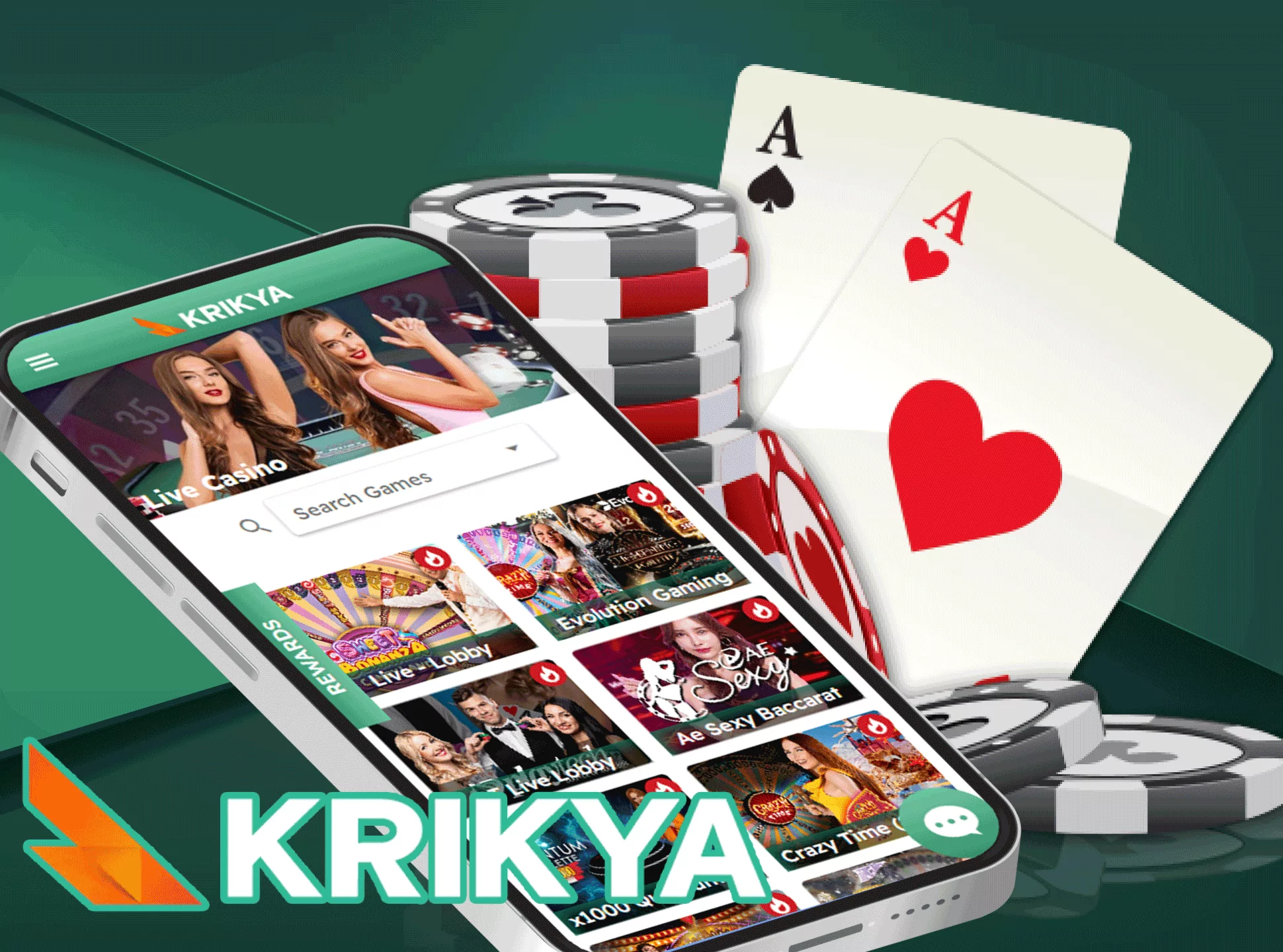 Play different types of games such as poker, baccarat, blackjack and other in the Krikya mobile app.
