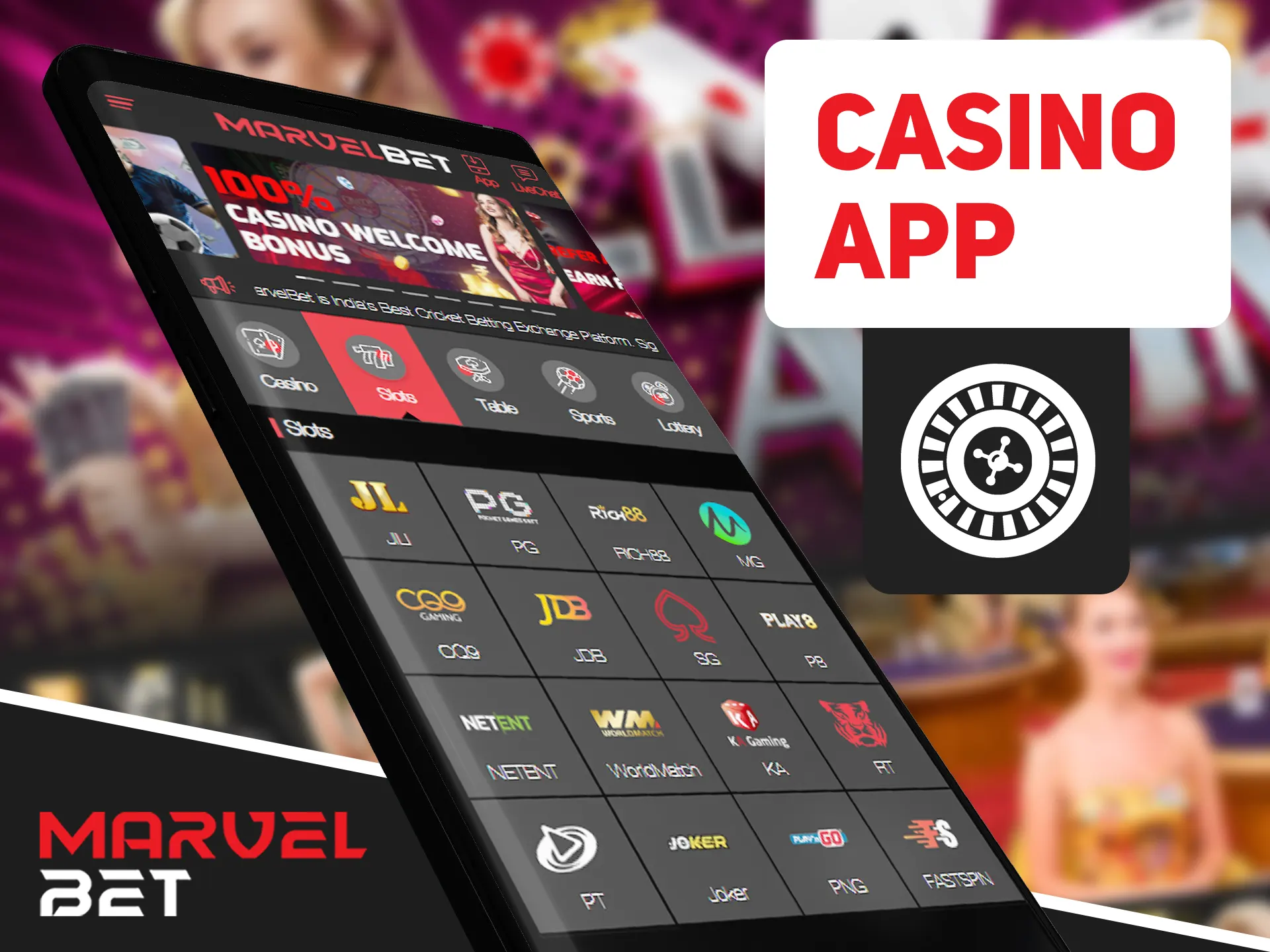 Play various types of casino games using Marvelbet app.