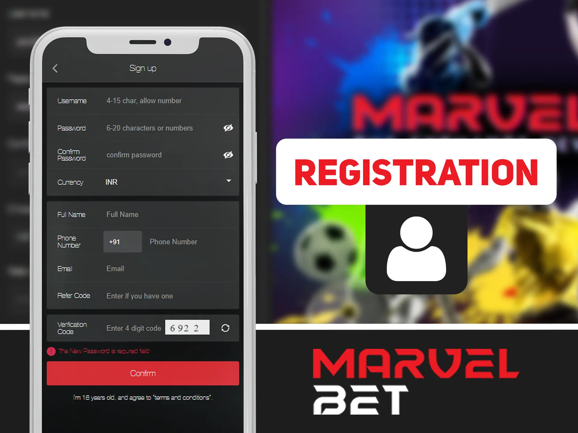 Register new Marvelbet account by using using app.