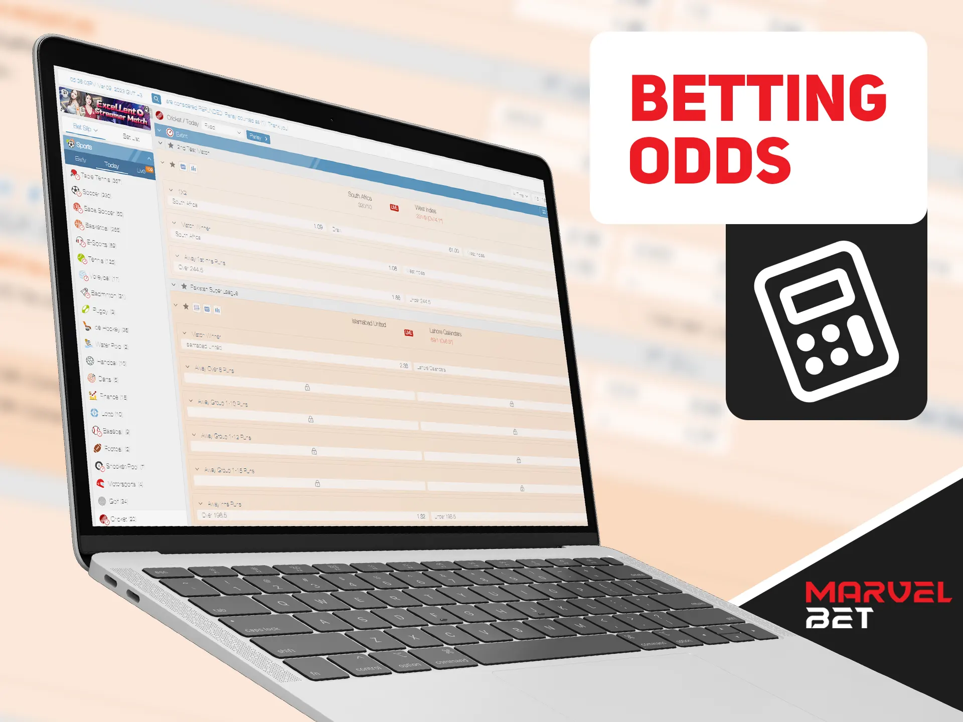 Calculate odds on special Marvelbet page.