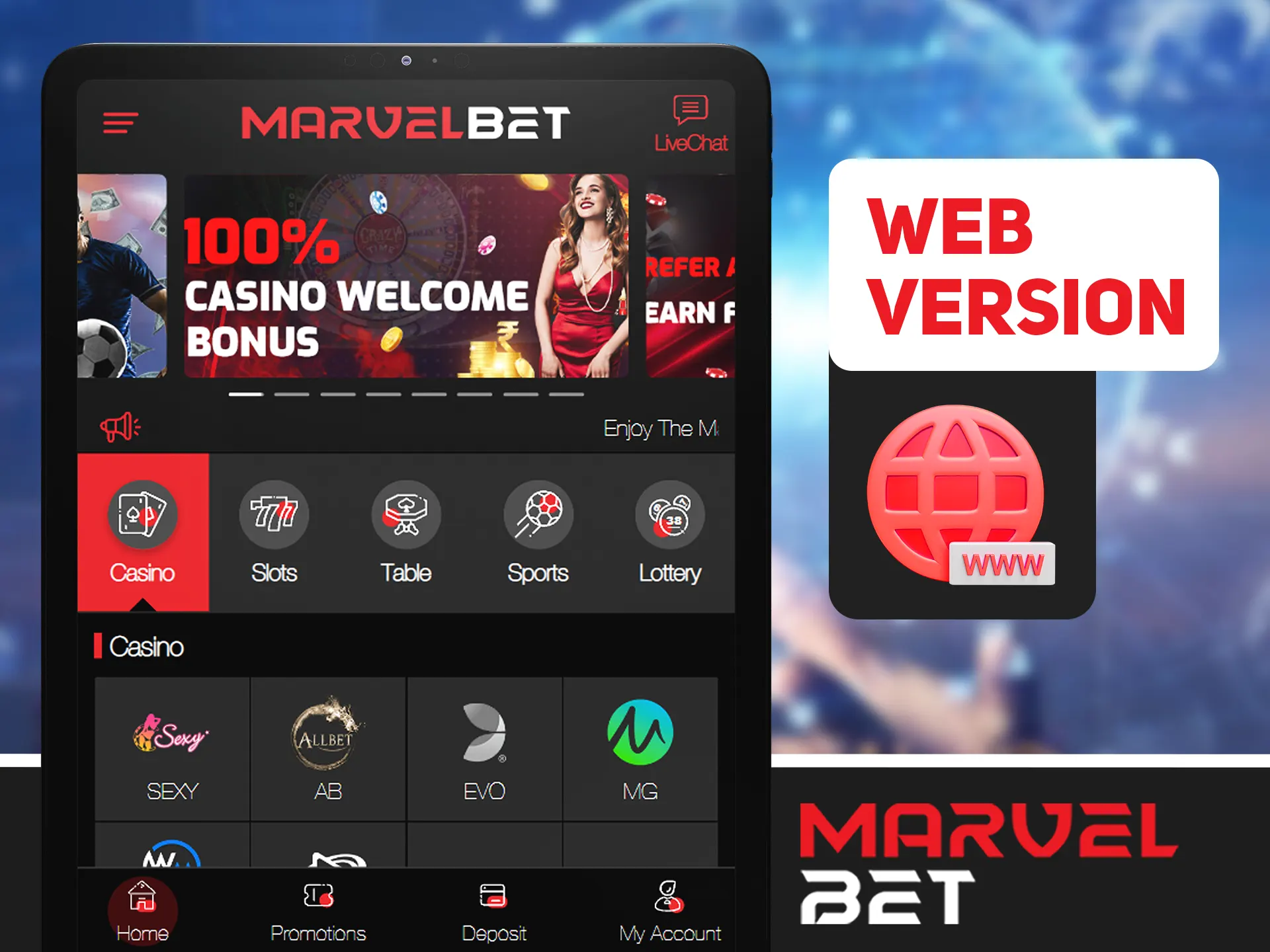 Use Marvelbet web version on any device.