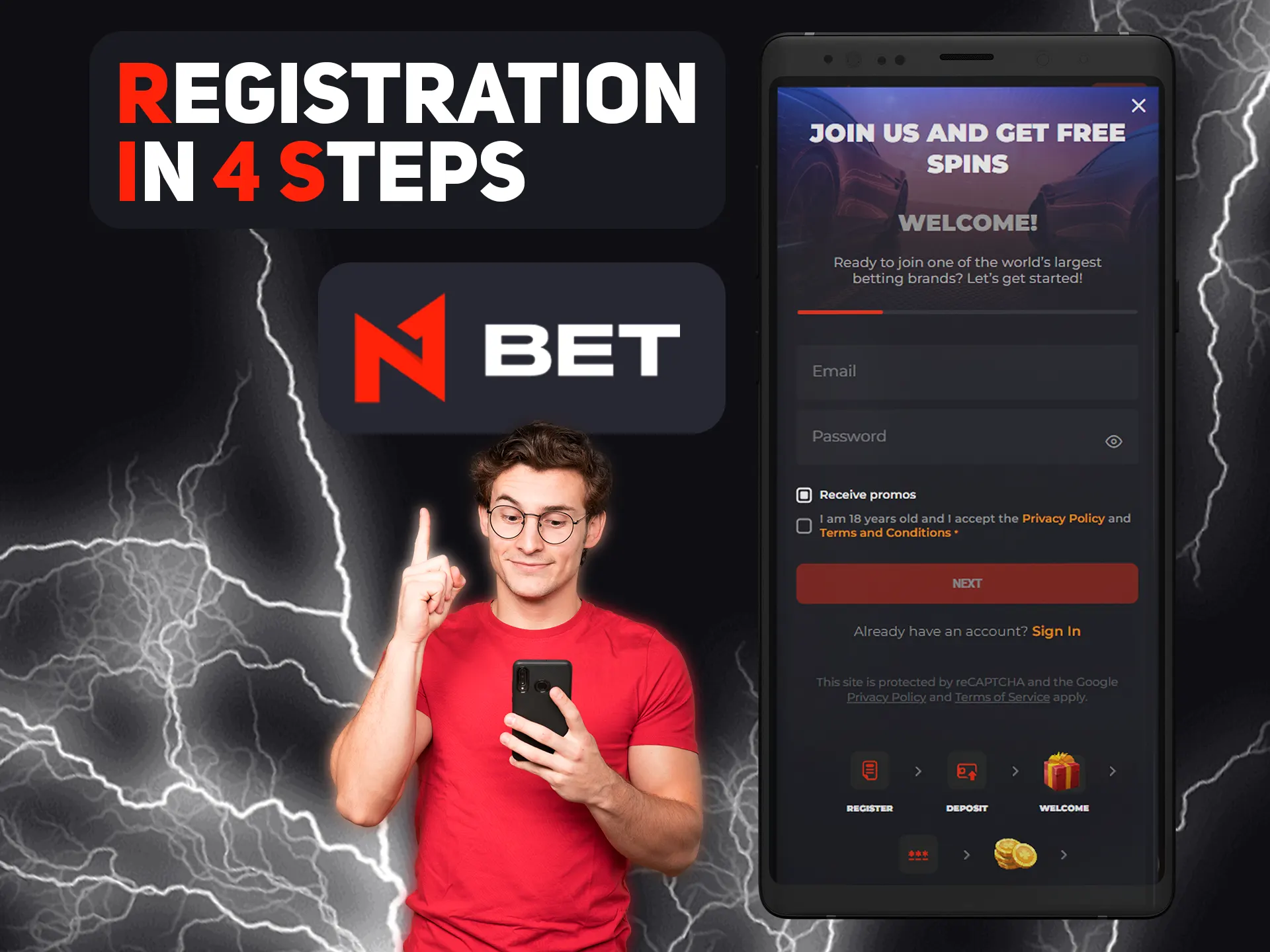 Register new N1bet account in multiple steps.