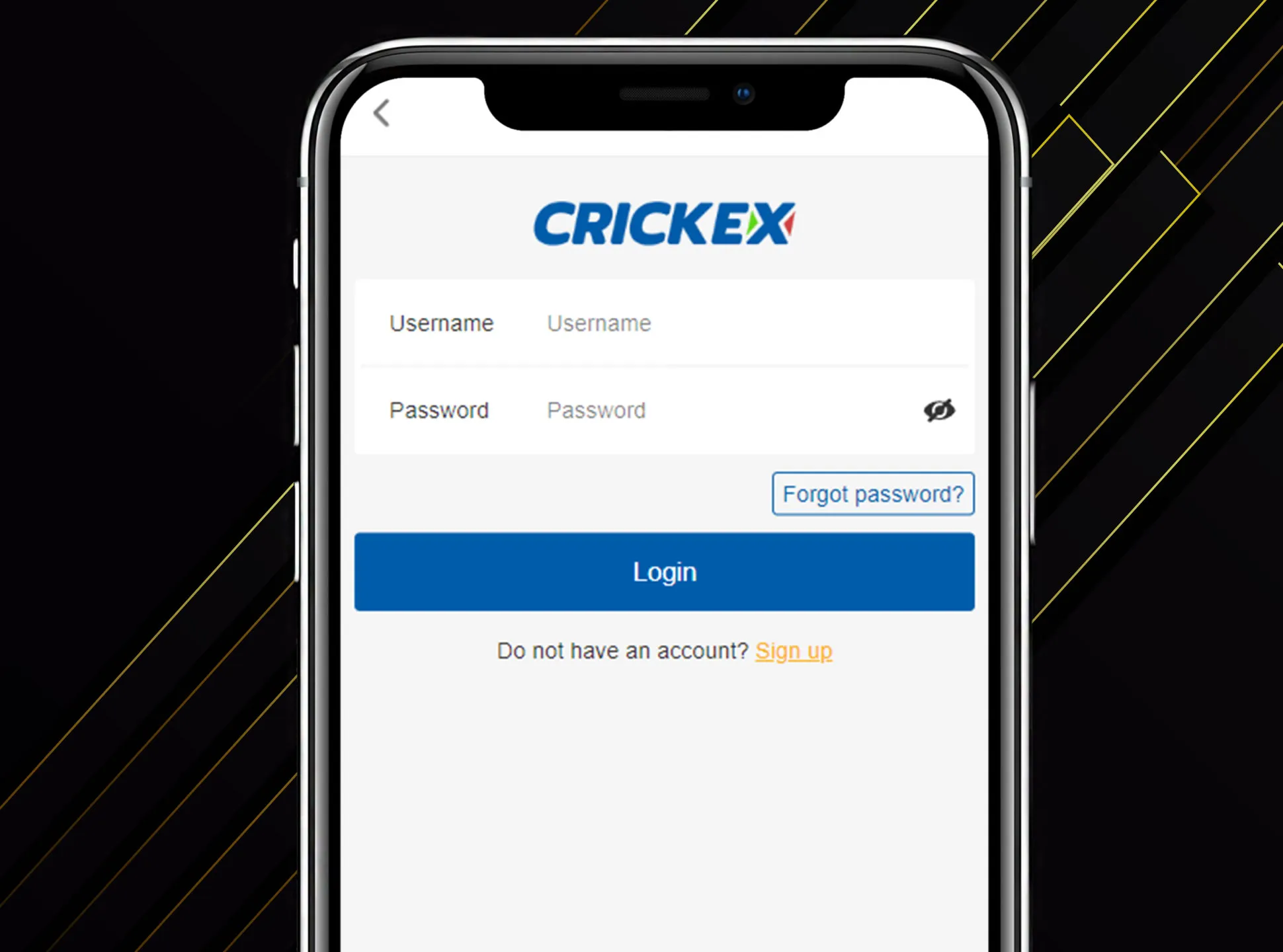 Log in to your Crickex account with a username and a password.
