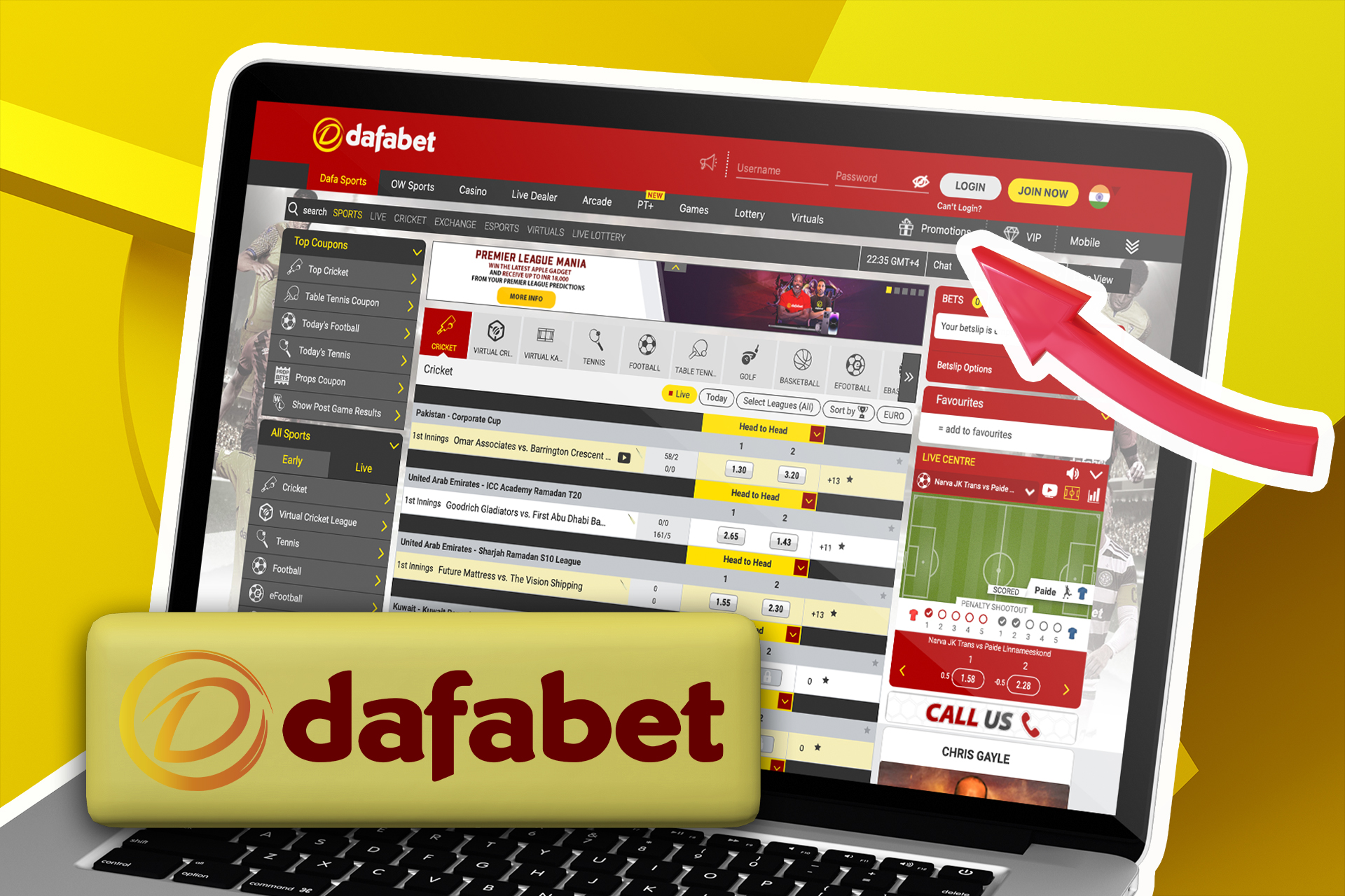 Enter your username and password to log in to Dafabet.