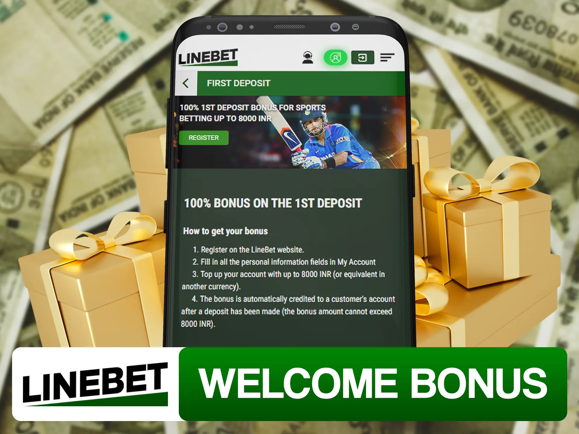 Get your Linebet welcome bonus in app after making first deposit.