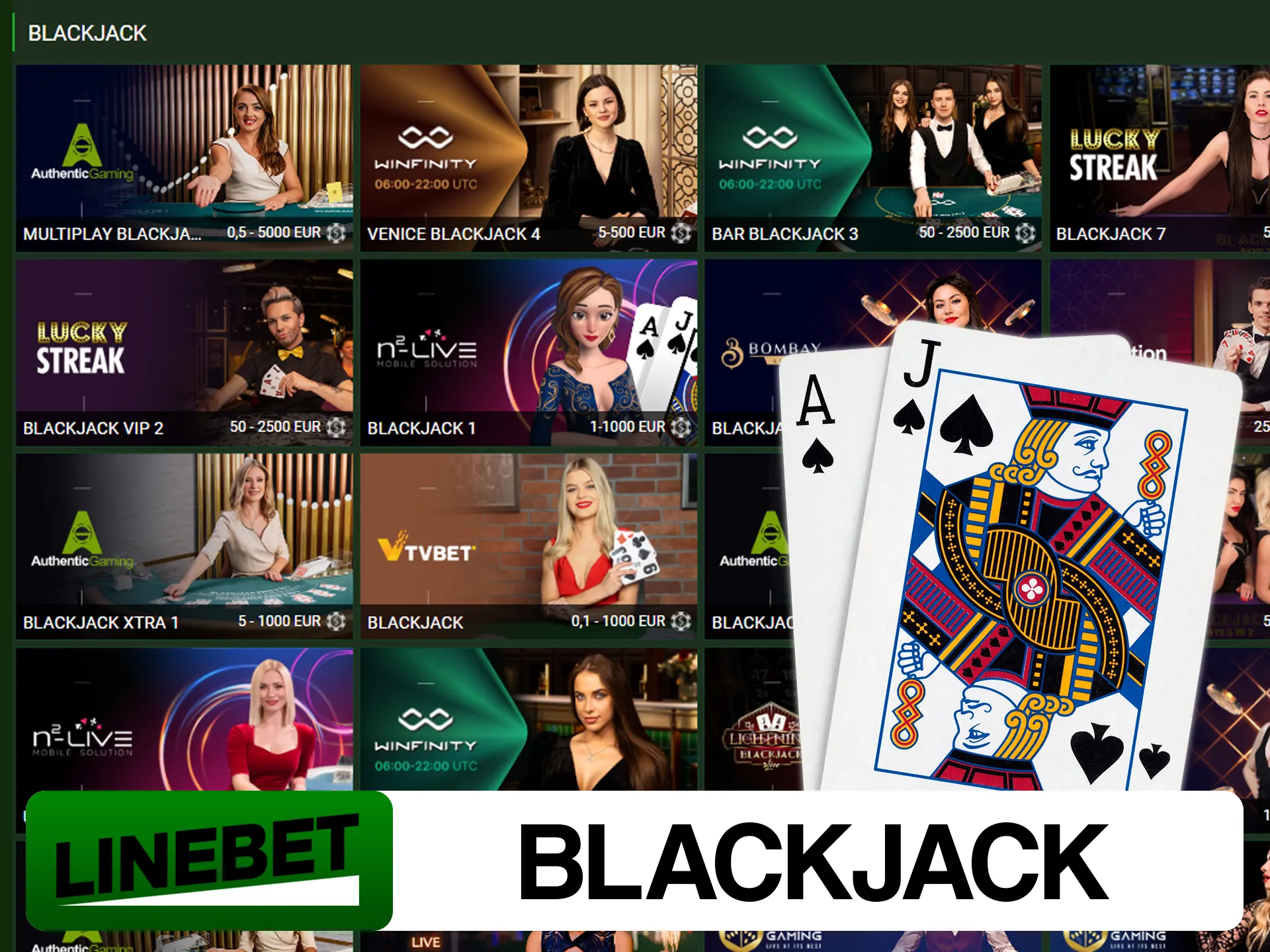Play blackjack games at one table with real people at Linebet.