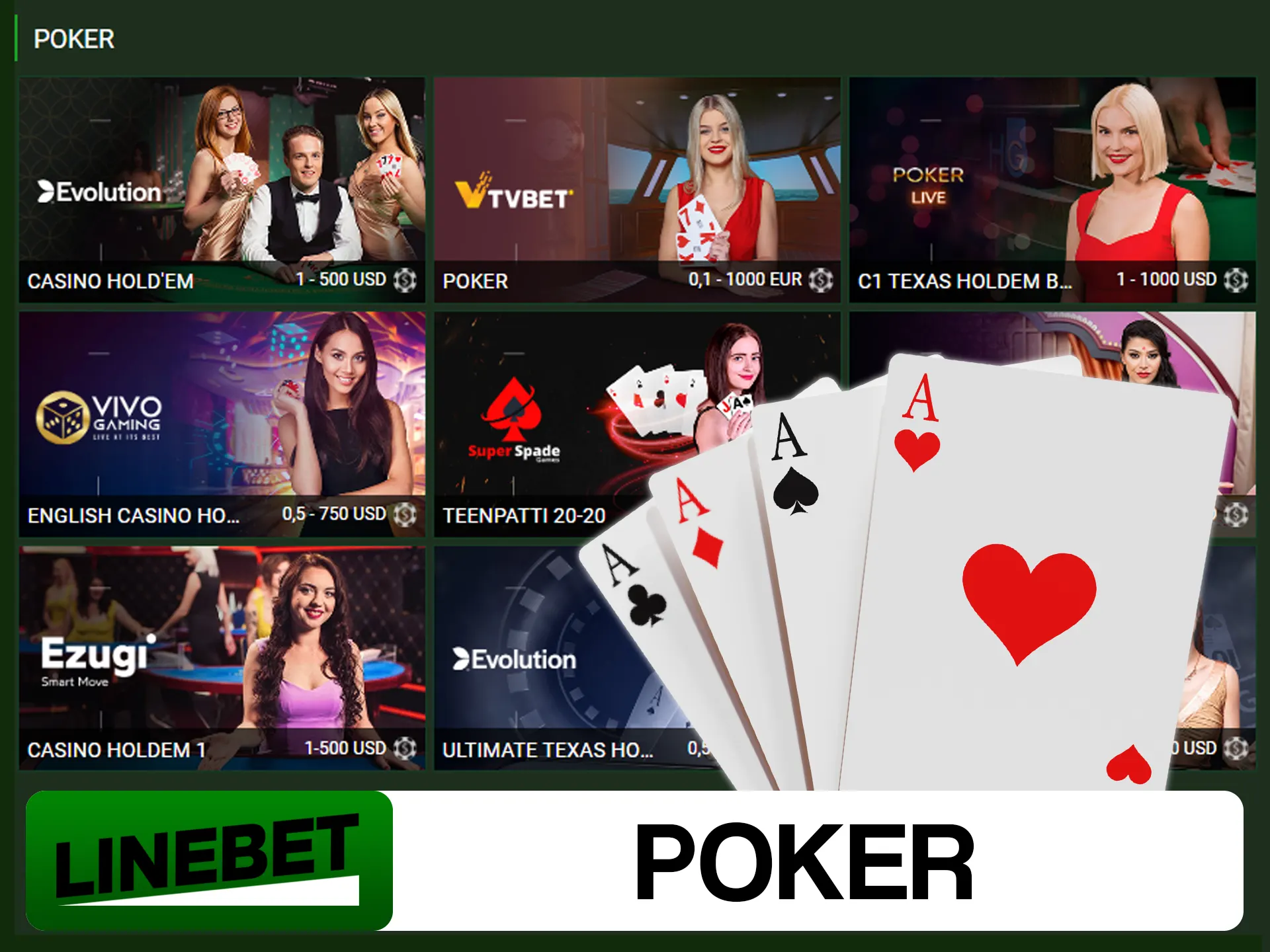 Play different poker games at Linebet casino.