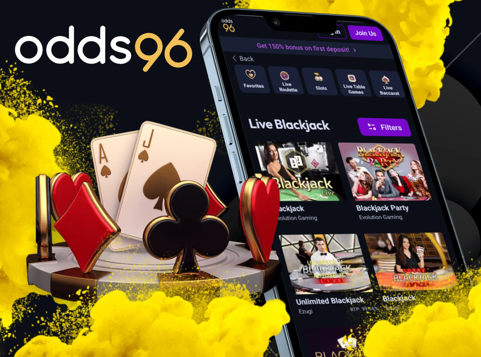 Play blackjack with real people at Odds96.