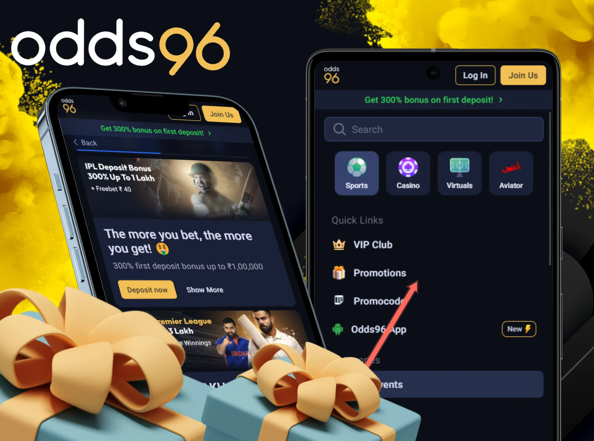 Get your bonuses using Odds96 app.