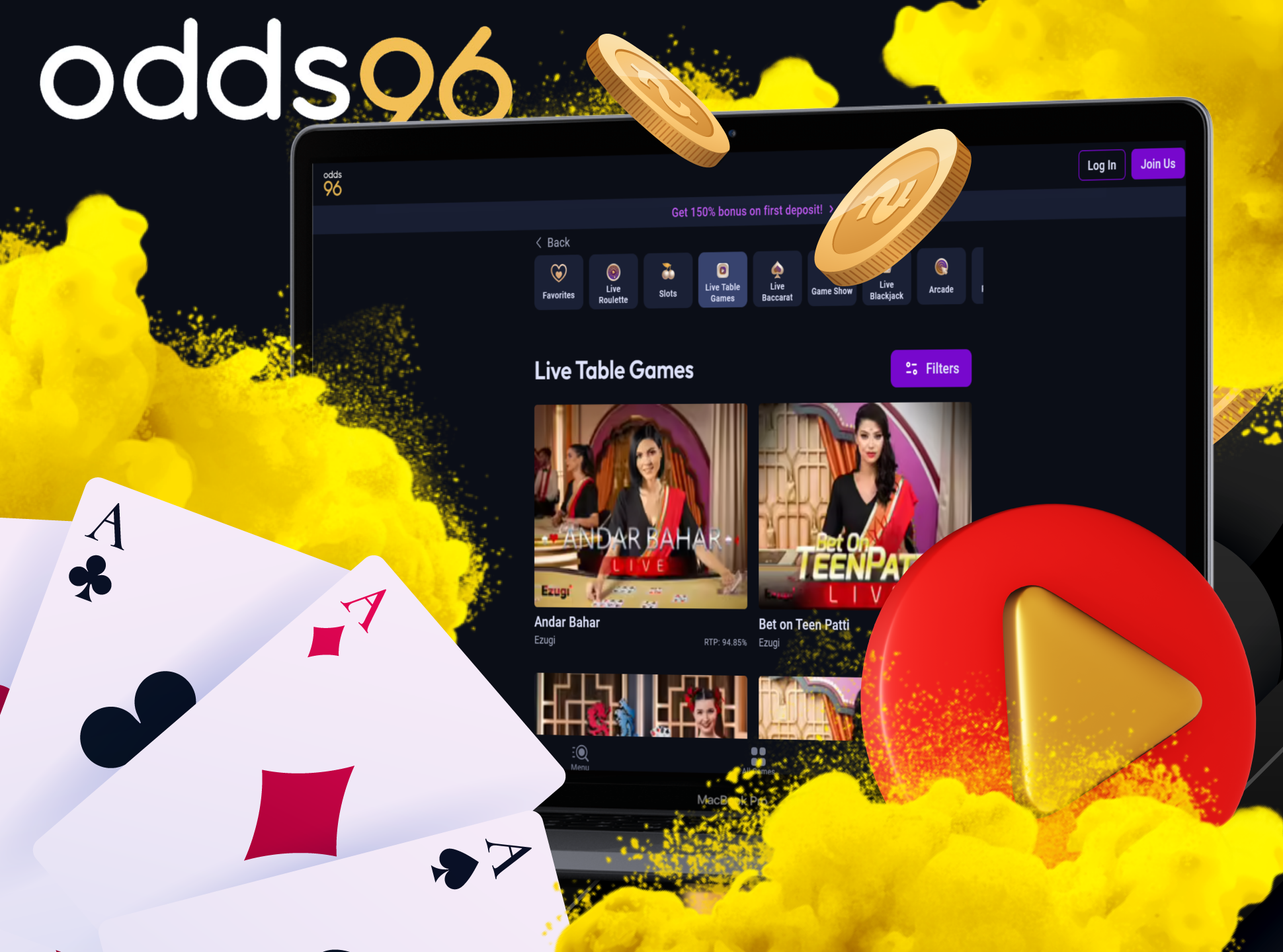 Play casino games with real people at Odds96.