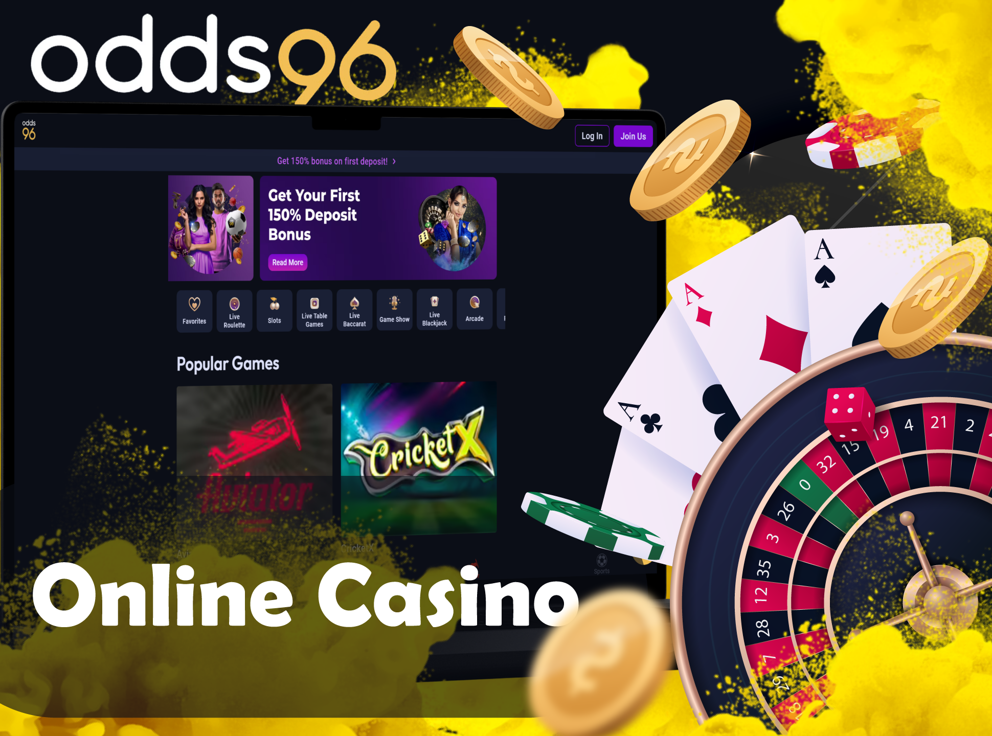 Play different popular casino games at Odds96.
