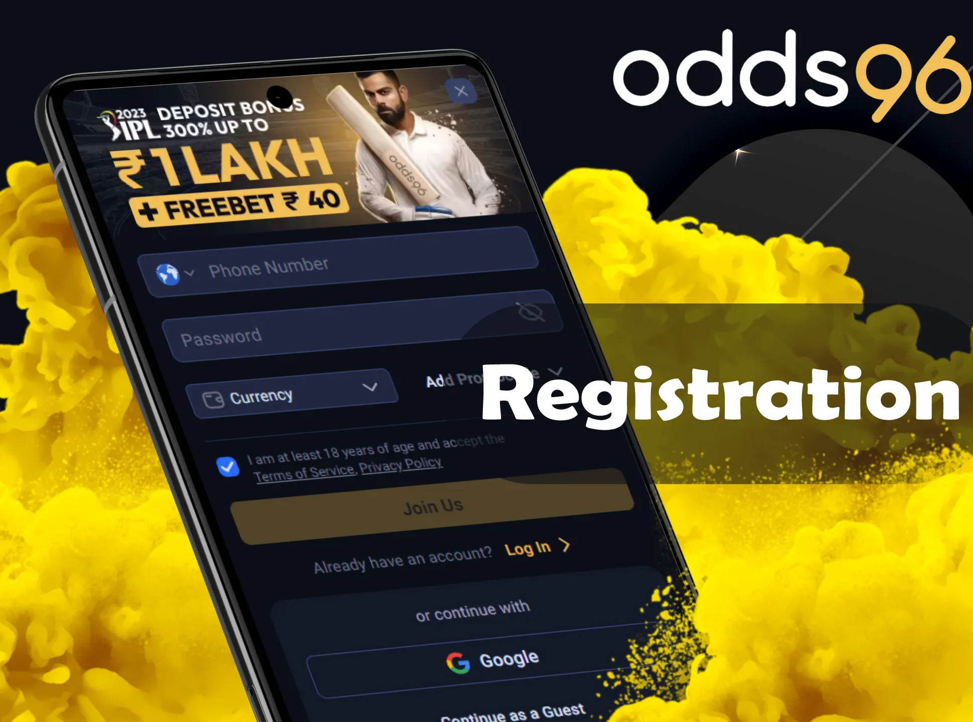 Register at Odds96 quicker with special app.