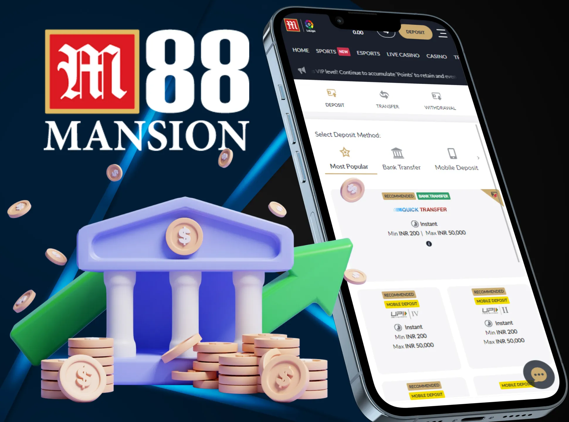 Deposit and withdraw money in M88 app.