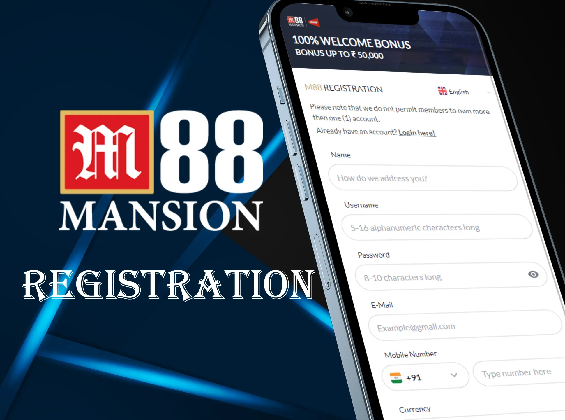 Register your new M88 account in app.