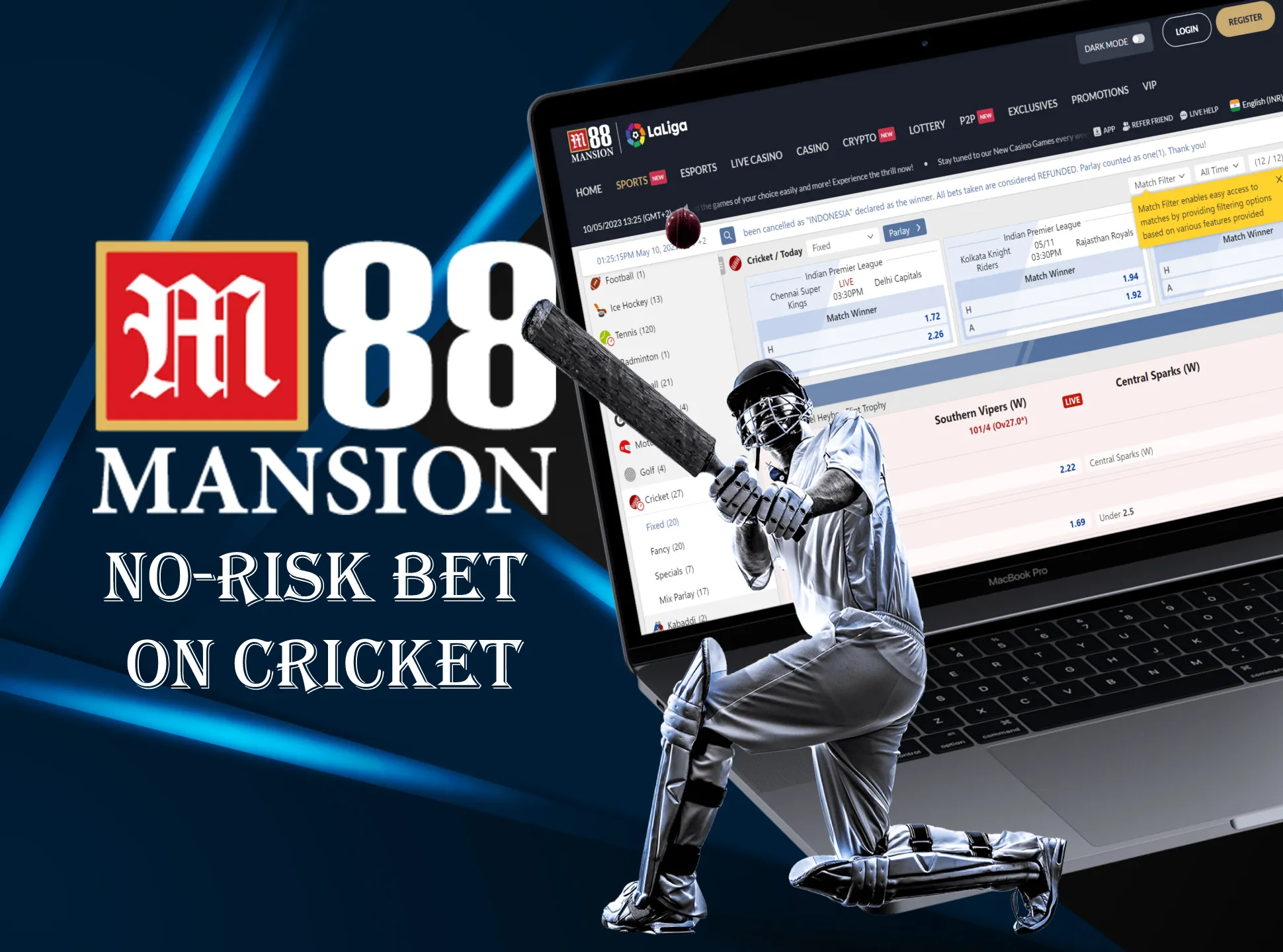 Make no-risk bets on cricket at M88.