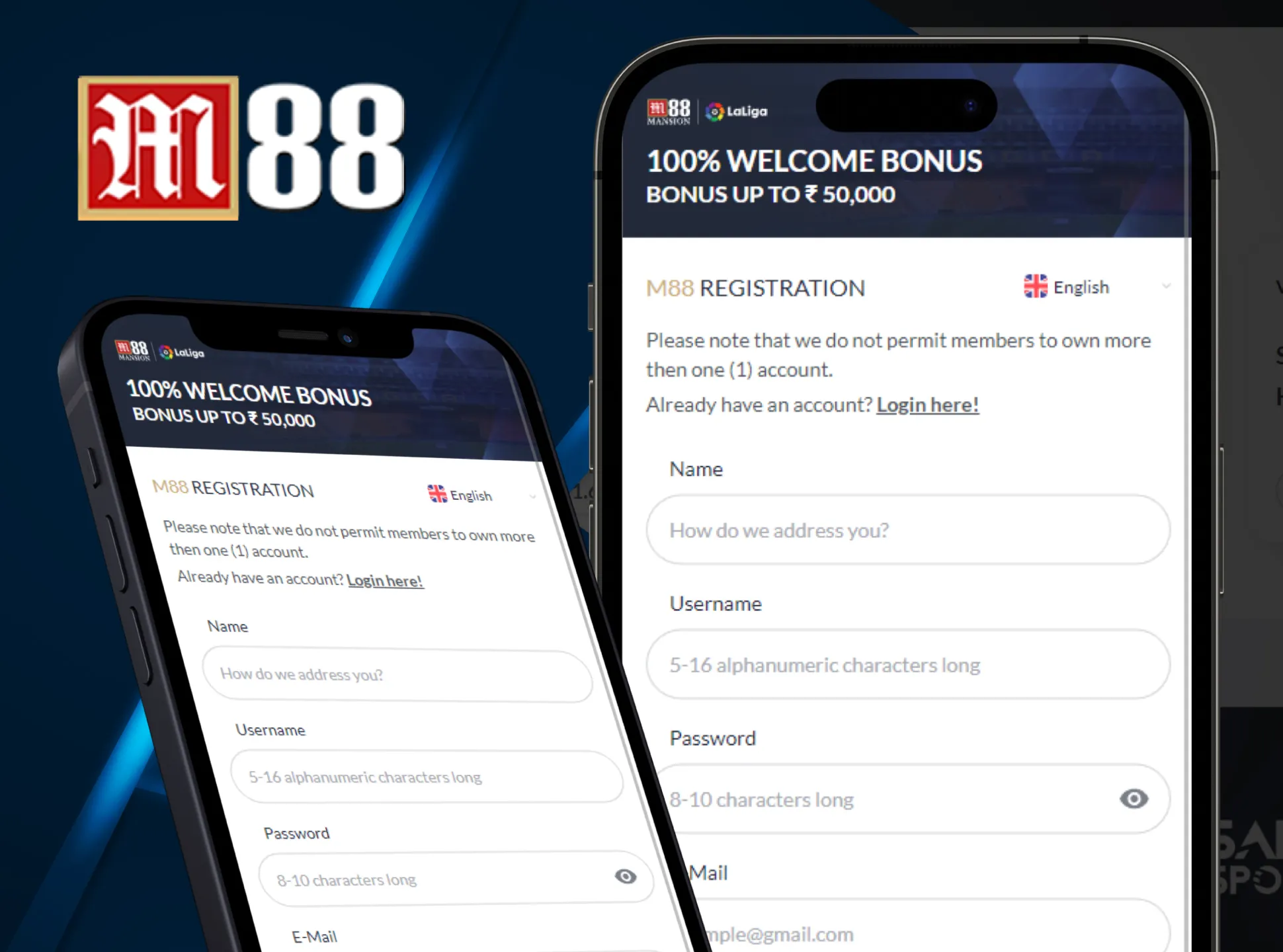 Use M88 app for registering of new account.