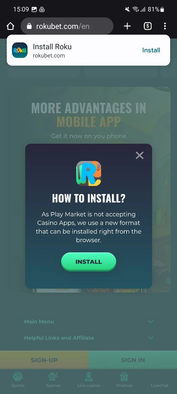 Unpack the Rokubet app.