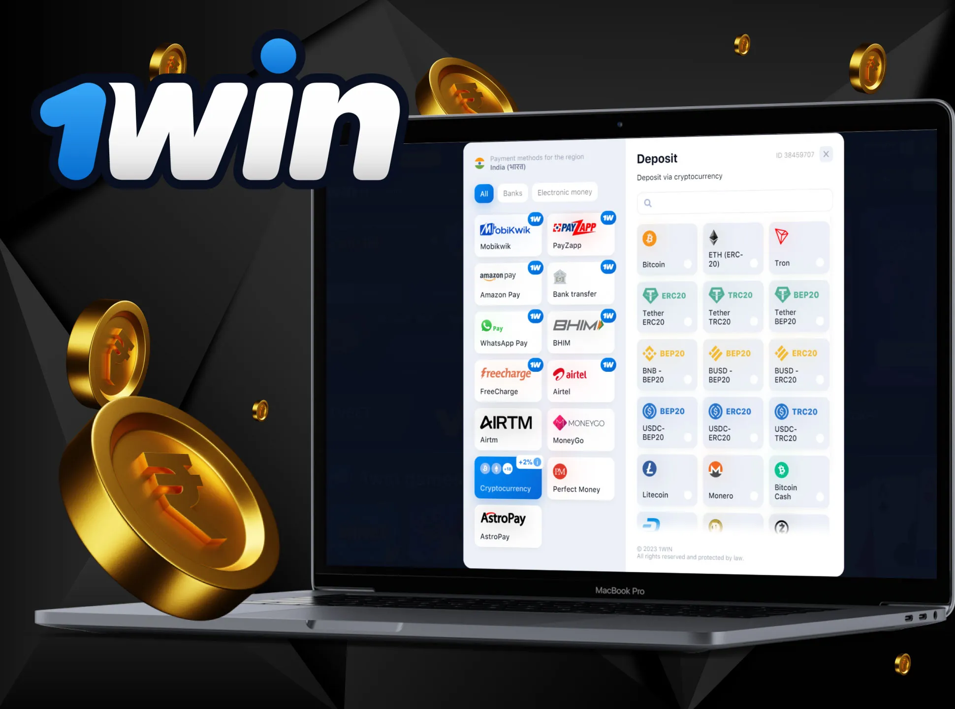 Sign up for 1win, tip up your account in cryptocurrency and place a bet.