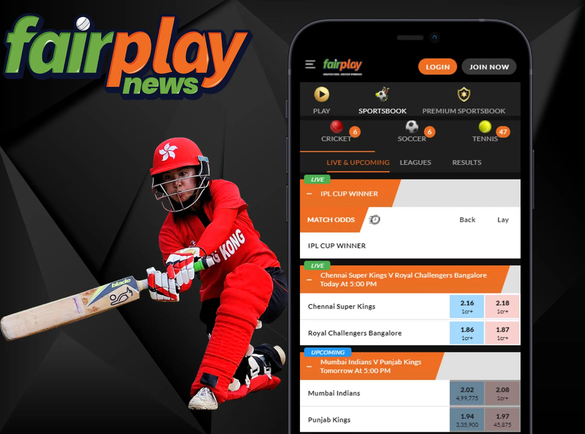 Install the Fairplay app to place bets via smartphone.
