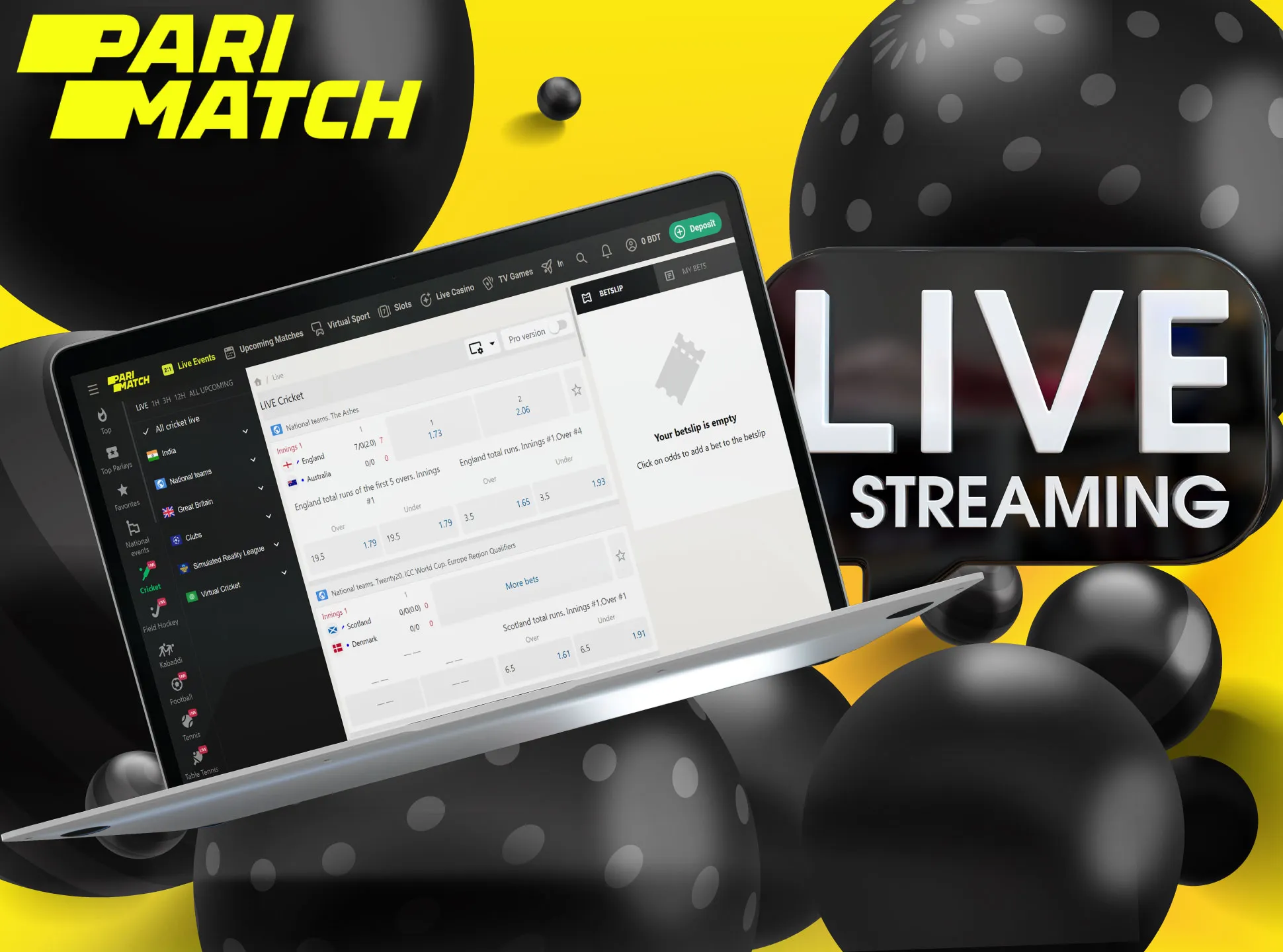 Parimatch offers live streamings on its website and in the app.