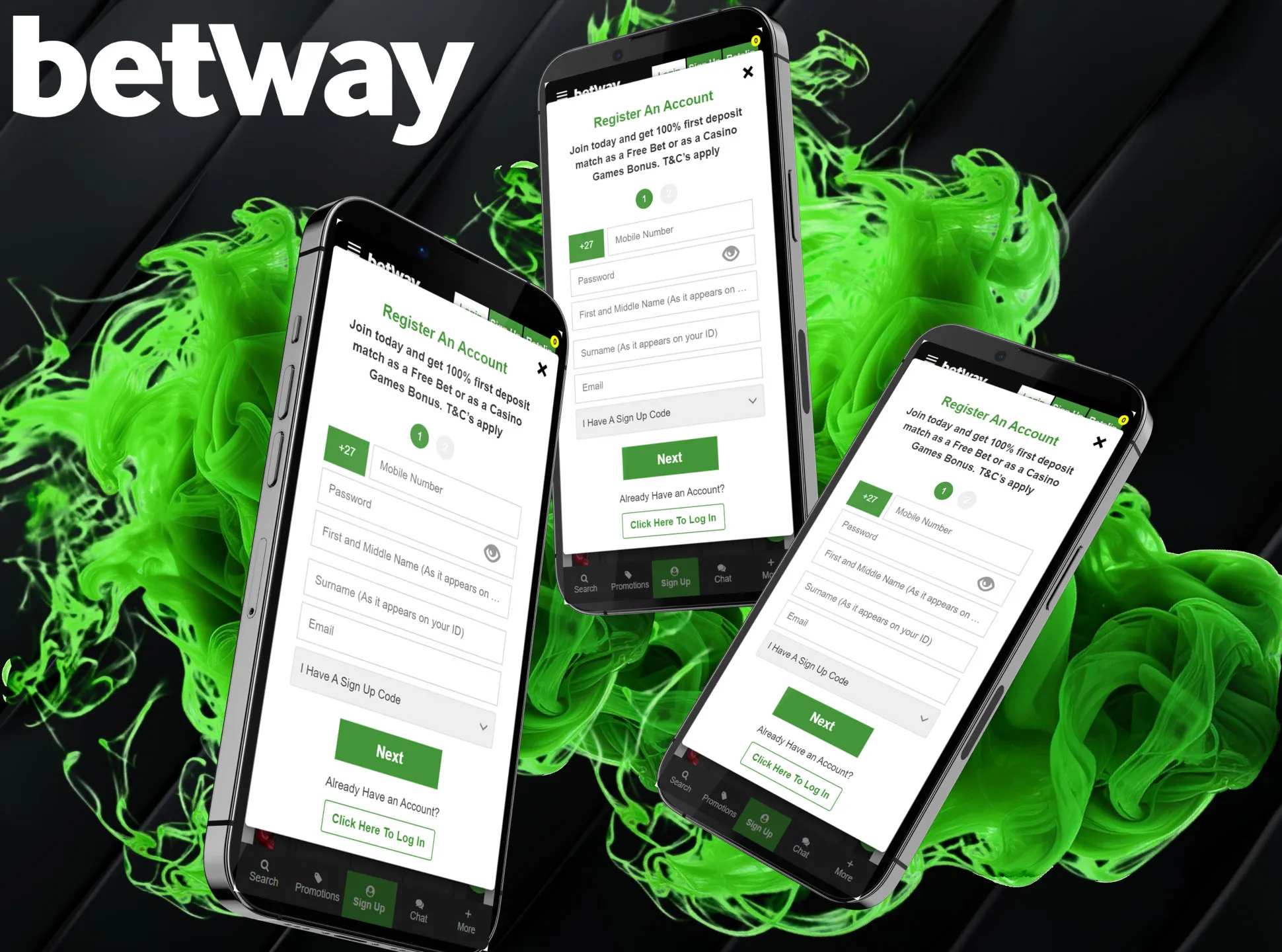 Download the Betway mobile app and creare your account there.