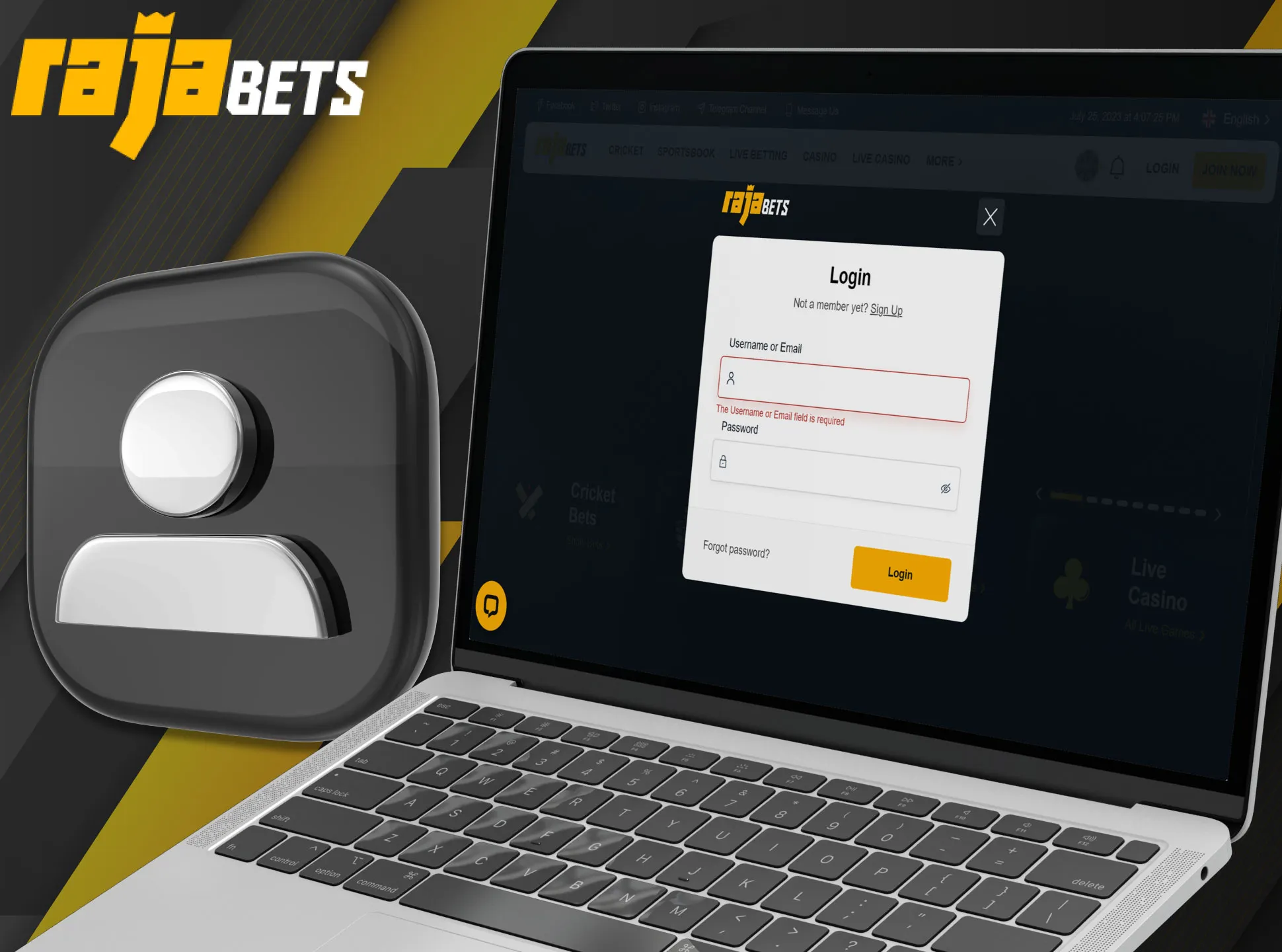 Log in to your Rajabets account with your username and password.