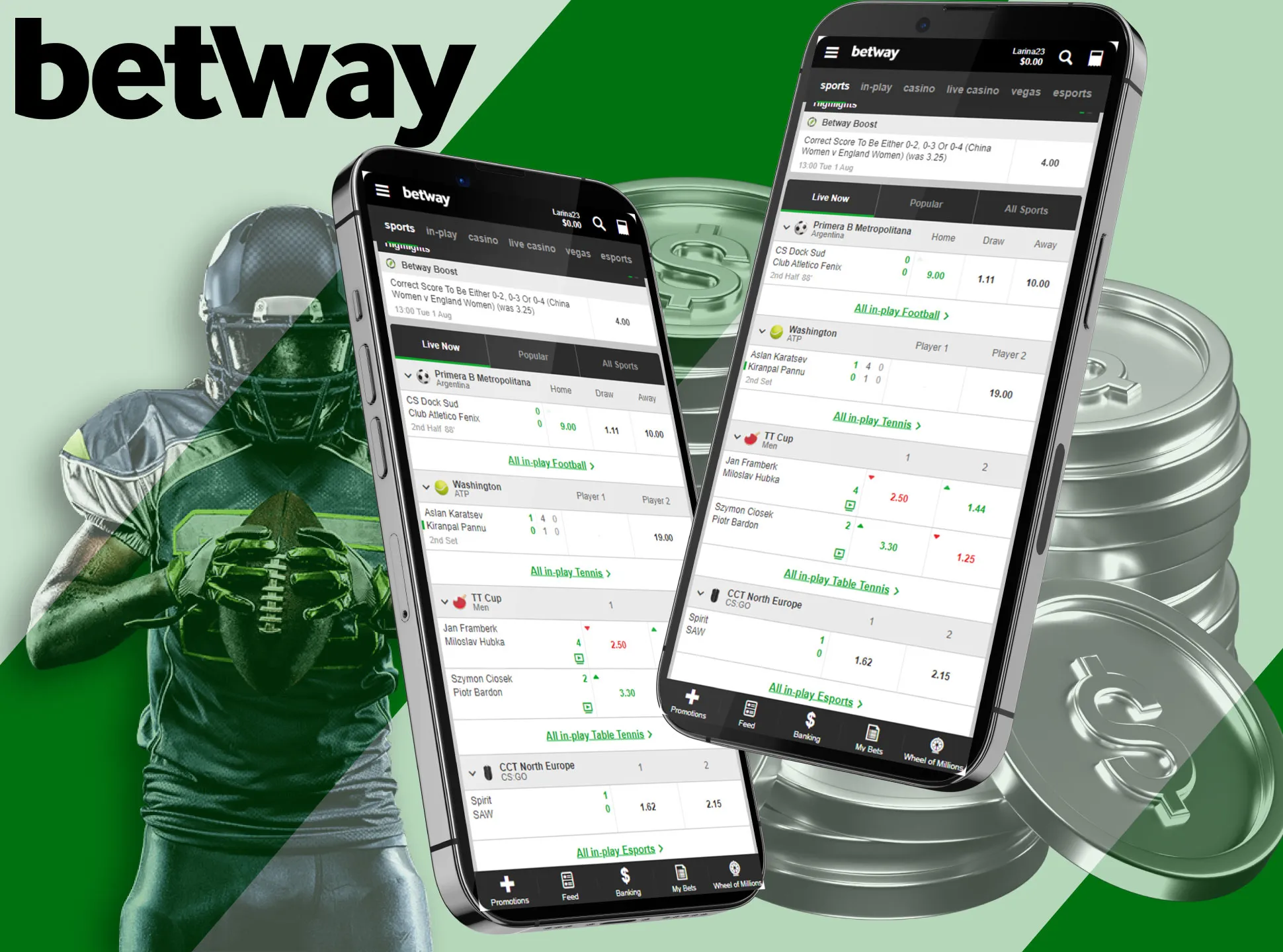 On the Betway app you can place single, express and live bets.