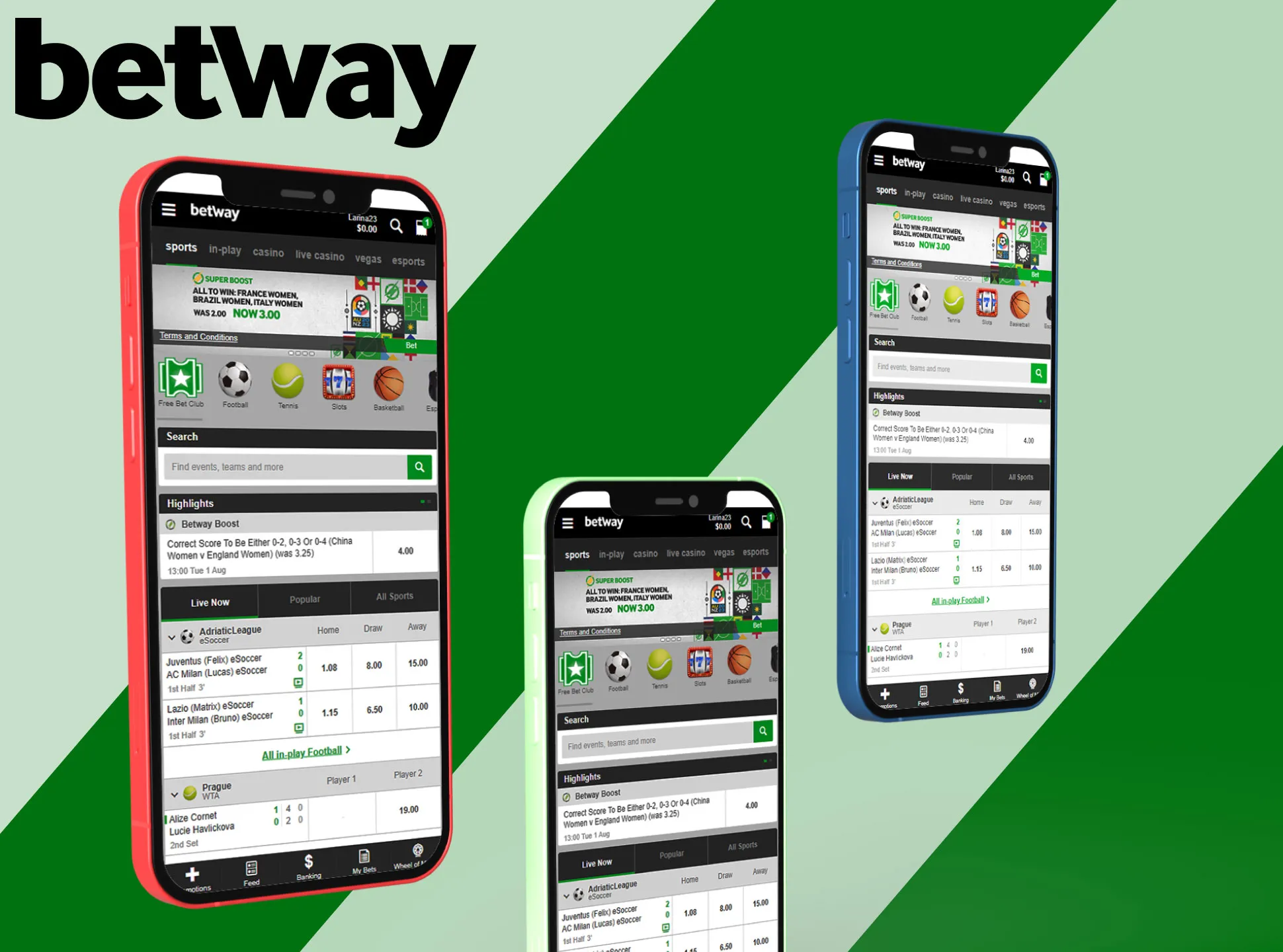 You will find various sports events, live streamings, casino games in the Betway app.