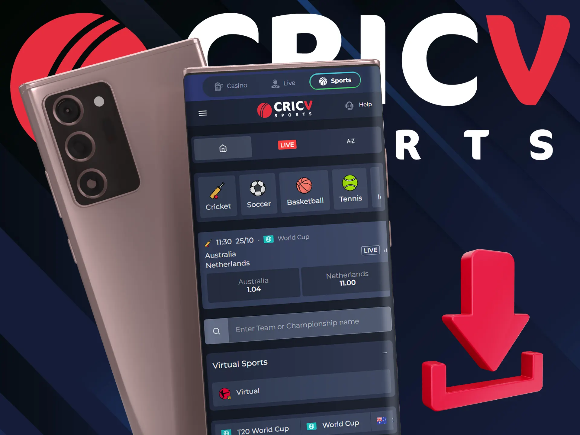 Open the web version of CricV and download the apk file to your smartphone.