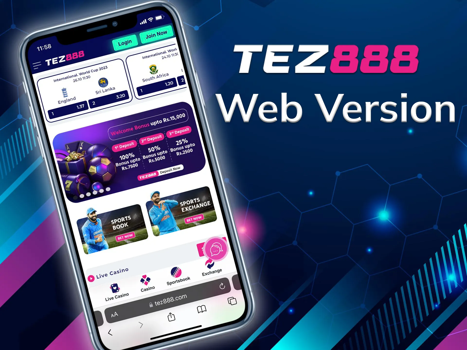 The mobile version of the Tez888 website is provided with the same functionality as the app.